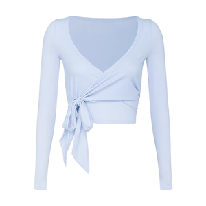 Womens <b>Wrap</b> <b>Yoga</b> Crop <b>Top</b> Long Sleeve V Neck Tie Front Breathable Reversible Seamless Spandex/Nylon Soft Stretch Activewear - Product Image 1