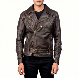 <b>Mens</b> Real Brown Leather Biker <b>Jacket</b> Vintage Cowhide Coat Waist Belted Asymmetric Zip Custom Classic Winter Warm Outwear Style - Product Image 1