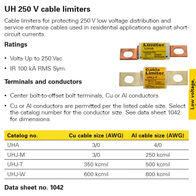 UH 250 V cable limiters Ceramics hotpot silica material para sleeve voltage cooper mega ast time delay EATON Bussmann fuse