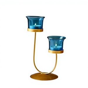 Porte-bougie double en verre bleu avec support en métal doré, décoration d'intérieur - Product Image 5