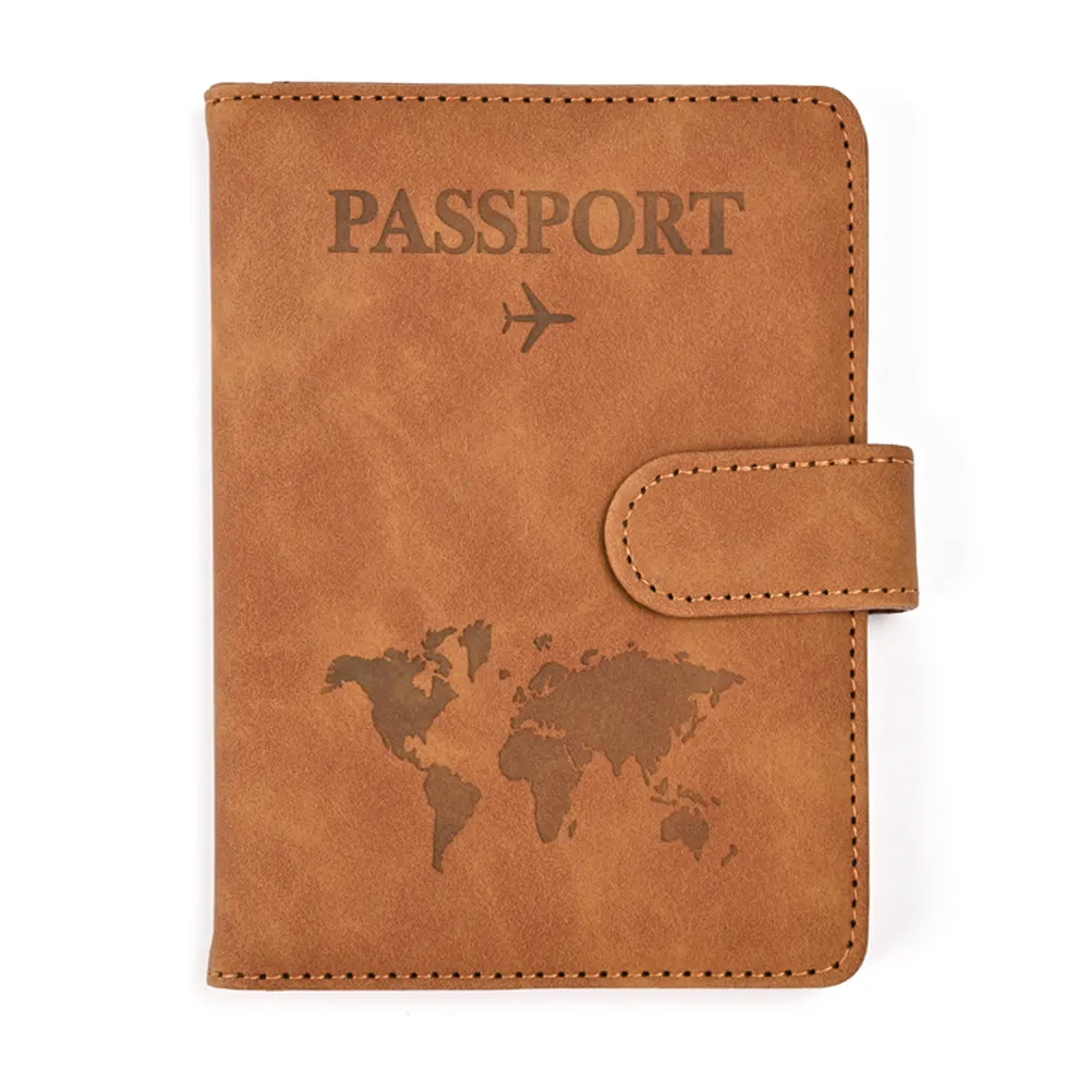 Dompet perjalanan kulit PU, dompet dokumen penutup paspor dengan tempat pena untuk wanita dan pria, pemblokiran RFID