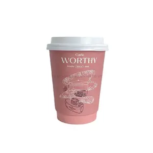 Copo de papel de parede duplo com tampa para café com leite Matcha branco plano com imagem personalizada elegante de 12 onças para balcão de café