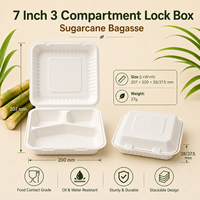 Boîte à clapet compostable en bagasse à 3 compartiments de 7 pouces, biodégradable, pour vente en gros et plats à emporter