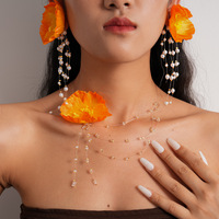Collier en tissu à fleurs avec perles de verre et pompon, bijoux fantaisie doux et simples, accessoires, colliers en tissu à fleurs orange, bijoux