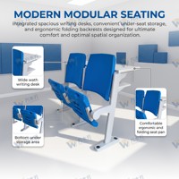 Chaise d'école moderne avec tablette d'écriture, filet porte-livre, mécanisme de retour par gravité, design durable et écologique pour usage commercial et scolaire