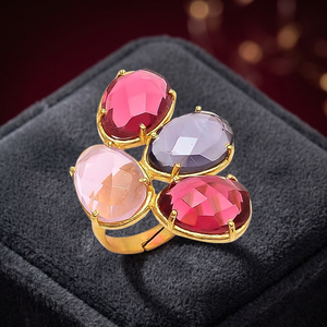 Bague ethnique multicolores en pierres précieuses plaquée or et rhodium pour femmes et filles, pierres précieuses éblouissantes - Product Image 2