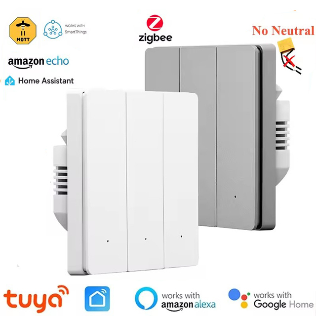ZigBee 3.0 10A Push Button Smart Light Switch No Neutral Wire No Capacitor for ZigBee2mqtt for Echo Smartthings Home Assistant