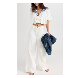 Sweet Bubble Hem Embroidered <strong>White</strong> Cotton Crop <strong>Top</strong> <strong>Boho</strong> Women Resort Wear - Product Image 6