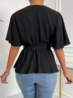 Chemisier Peplum Noir Personnalisable pour Femme, Col en V, en Chiffon Respirant et Léger, avec Manches Volantes