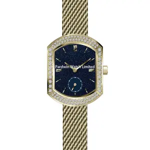 Relojes de acero inoxidable 316L con diamantes para mujer, pulsera de cuarzo personalizada con movimiento de onda