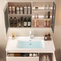 Combinaison de lavabo mural moderne de luxe en contreplaqué, vasque en céramique avec miroir à LED résistant à l'eau