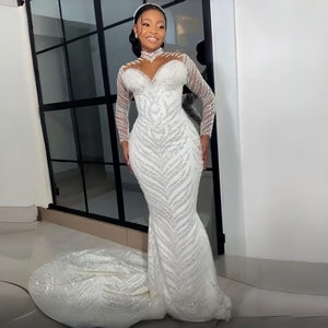 <span class=keywords><strong>Robe</strong></span> de mariée personnalisée, nouveau style, de luxe, africaine, grande taille, en dentelle, à manches longues, avec sequins et traîne <span class=keywords><strong>longue</strong></span> détachable - Product Image 4