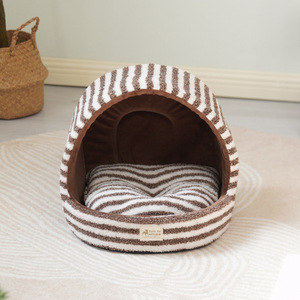 Tail To Stylish Pet <b>Bed</b> Round Brown White Striped Removable Cover Cat <b>House</b> Winter Warm - Product Image 2