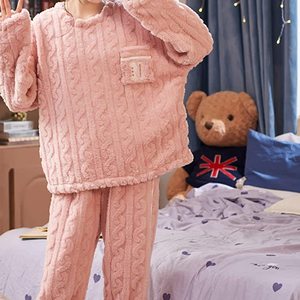 Winter <strong>Pyjamas</strong> Custom 100% Polyester Coral <strong>Fleece</strong> <strong>Women</strong> Two Piece Set Long Sleeve Pullover and Pants <strong>Pyjama</strong> - Product Image 3
