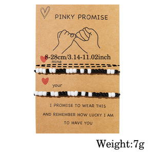 Pinky Promise <b>Bracelet</b> Set Black White Beads <b>Couple</b> <b>Matching</b> Jewelry Anniversary Gift Unisex Adjustable - Product Image 4