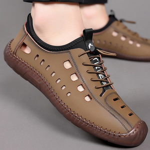 Men's Summer Breathable Genuine Leather Slip-On Casual <b>Flat</b> <b>Sandals</b> Closed Toe Rubber Outsole Solid Color - Product Image 2