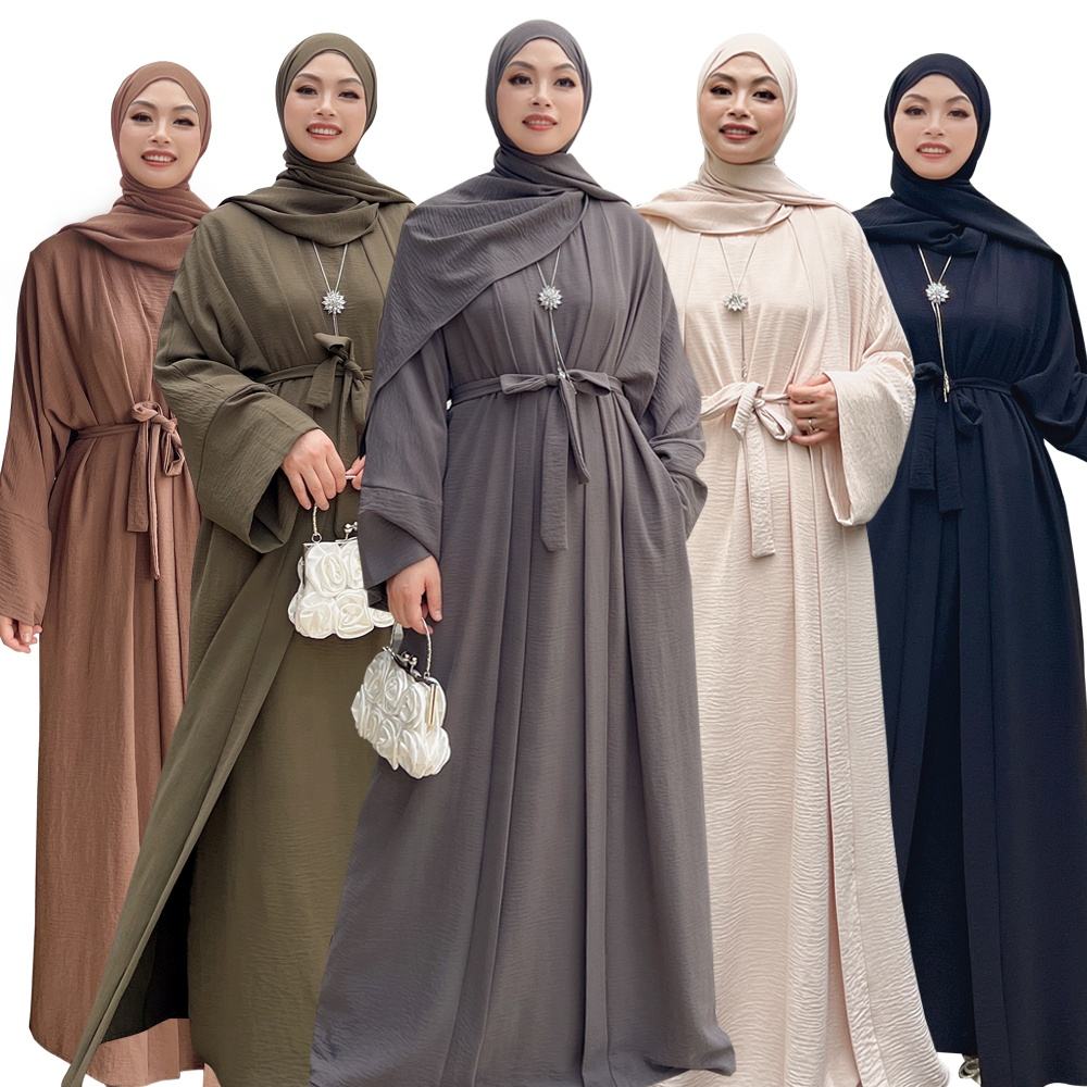 2021 Dec New Arrival Muslim Women 2pcs Abaya Set Plain Polyester Long Dress Kimono Cardigan Islamic Clothing 
