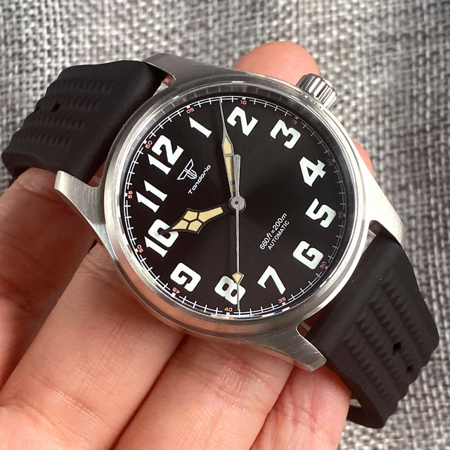 Tandorio Pilot Diving NH35A PT5000 Mechanical Watch for Men Sapphire 39MM Stainless Steel Timepiece Waffle Strap White Hand