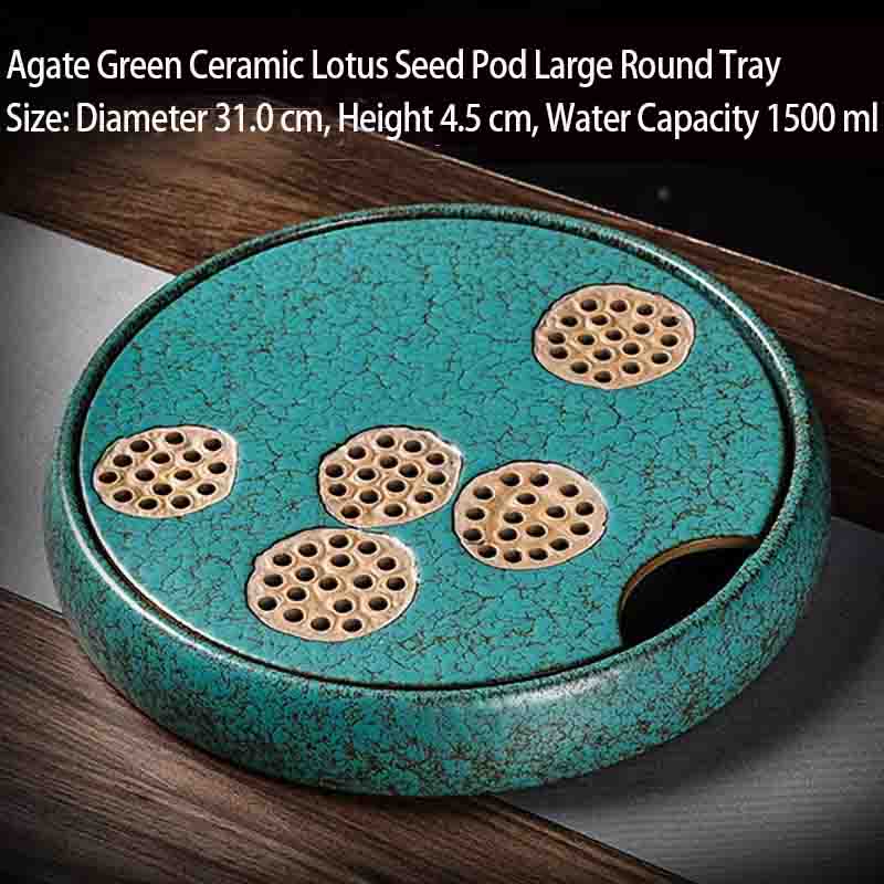 Large round plate of agate green ceramic lotus pod