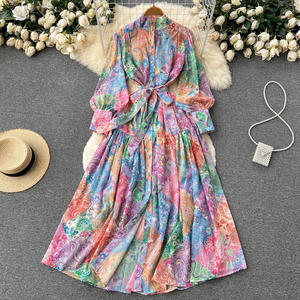 Abito casual a maniche lunghe con collo in piedi stampato personalizzato abito rosa altalena grande con lacci in vita <span class=keywords><strong>da</strong></span> donna - Product Image 1