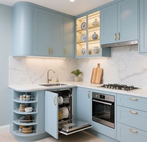 Armoires de cuisine modulaires en forme de L SANTOPOVA bleu clair avec dosseret en marbre et quincaillerie dorée - Product Image 1