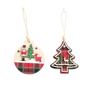 Wooden <b>Christmas</b> Hanging Ornament Round Tree Shape Plaid Design <b>Nutcracker</b> Deer Decor <b>For</b> Xmas Tree Decoration - Product Image 5