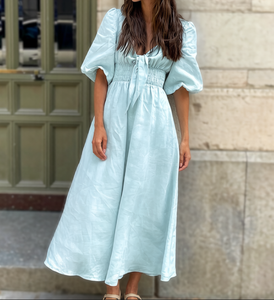 Nuovo Design <span class=keywords><strong>Abito</strong></span> Lungo Boho da Donna <span class=keywords><strong>Azzurro</strong></span> con Scollo a V, Maniche a Sbuffo, Laccio Frontale e Vita Arricciata, Vestito Casual - Product Image 2