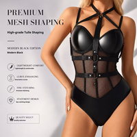 Lingerie Corset Sexy Exotique pour Femme, Body en PU Transparent, Lingerie à Effet Gainant Léger, Dentelle Tissée, Porte-Jarretelles à Nouer XL ODM