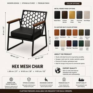 Fauteuil moderne en métal avec dossier en nid d'abeille, accoudoirs en bois et siège rembourré pour salon, bureau ou salle de séjour - Product Image 2