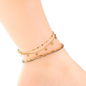 Chaînes de cheville tendance en acier inoxydable, motif flocon de neige, double couche, bijoux de plage pour femme, ornements de pied au design géométrique AN10910BG - Product Image 1