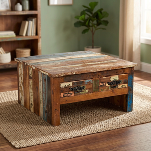 Mesa de Centro Cuadrada de Estilo Industrial Moderno Vintage, de Madera Maciza Reciclada, Plegable, Ecológica, para Sala de Estar, Estilo Rústico - Product Image 3