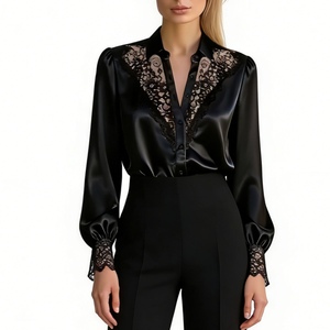 Blusa de Manga Larga con Encaje para Mujer - Camisa Casual con Cuello en V y Botones al Frente - Product Image 1