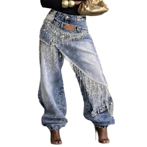 Nouveau Jean Baggy en Denim de Coton Désstructuré à Franges de Strass 2026 pour Femme, Pantalon Jogger <span class=keywords><strong>Asymétrique</strong></span> Taille Haute - Product Image 2