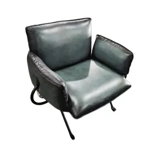 Sillón retro vintage de cuero, butaca de hierro y metal para sala de estar, silla de cuero tostado con acento, sillón reclinable para loft, industria, aviación