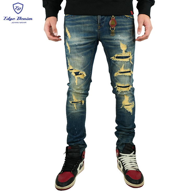 Evolution In Design Men's Red And Blue Paint Splatter Very Distressed Denim Jean