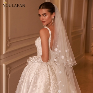 YouLaPan V217 Elegant Bridal <strong>Veil</strong> Double <strong>Blush</strong> With Comb Scattered Beads 3D Flowers Lady Party Dance Matching Headdress - Product Image 5