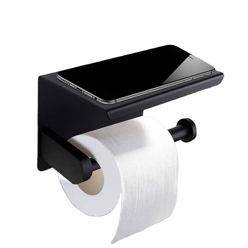 304 Edelstahl schwarz wandmontiert Papierrollenhalter Handtuchhalter mit Handy-Regal Badezimmer Toilettenpapierhalter