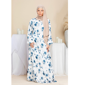 LEDUO Elegante Abaya Casual Azul con Estampado Floral para Mujer, Manga Larga y Volantes en Capas, para Mujeres Musulmanas - Product Image 1