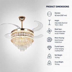 พัดลมเพดานคริสตัลหรูหราพร้อมไฟและรีโมท, โคมไฟระย้าสีทองขนาด 42 นิ้ว, ใบพัดแบบยืดหดได้, มอเตอร์ BLDC เงียบพิเศษ - Product Image 6