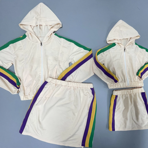 Mommy &amp; <strong>Me</strong> Matching Tracksuit Solid Color Side Stripe Zip Hoodie <strong>Mini</strong> Skirt Set Women Teen Kid Girl Family Matching <strong>Outfit</strong> - Product Image 2