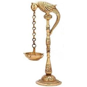 Support de lampe à huile religieuse hindoue en laiton en forme d'oiseau avec chaîne suspendue Cadeaux de temple à la maison Fengshui Ensemble de 4 pièces comprenant un bec Diya - Product Image 5