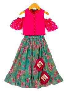 เสื้อทวิชา วูเวน ฮาล์ฟสลีฟ พิมพ์ลาย พร้อมเลเฮนกาพิมพ์ลาย-สีชมพูและสีเขียวทะเล - Product Image 6