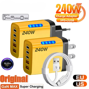 Зарядное устройство 240 Вт с двумя портами Type-C, быстрая зарядка, блок питания с разъемами EU/US/UK, <span class=keywords><strong>2</strong></span> USB + <span class=keywords><strong>3</strong></span> Type-C, светодиодная индикация, адаптер питания для телефона - Product Image 1