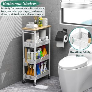 CF 9.1 Inch Ultra Slim Narrow Gap Metal <strong>Wood</strong> 4 Tier Mobile Kitchen Pantry <strong>Shelving</strong> Utility Rolling <strong>Storage</strong> Cart for Bathroom - Product Image 4
