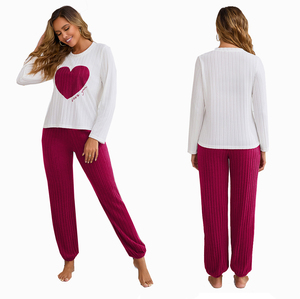 Conjunto de <span class=keywords><strong>Pijamas</strong></span> con Estampado de Corazón para el Día de San Valentín para Mujer, Ropa de Dormir de Manga Larga de Felpa Acanalada, Regalo Romántico - Product Image 2