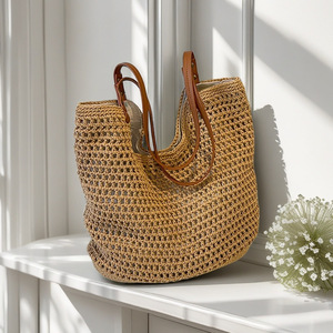 Sac fourre-tout de plage en coton tressé à la main grande capacité avec fermeture éclair, design évidé pour l'épaule, pour femme, style décontracté Tanjing - Product Image 4