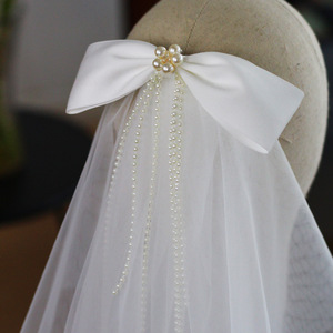 Voile de mariée français délicat perle arc accessoires de mariage simple arc blanc perlé frange Double couche fil doux - Product Image 4