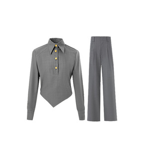 Fashion Temperament <strong>Old</strong> Money Style Women's Pants Sets Buttons Lapel Irregular Pullover Tops High Waist Trousers 2 Pcs Set 3593 - Product Image 6