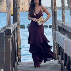 Abito Lungo da Festa Senza Maniche con Schiena Scoperta e Scollo a V per Donna, Elegante Vestito Primaverile a Linea A con Volant e Spalline Sottili - Product Image 2