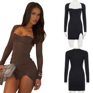 Vestido de punto 2025 con corte en A, cintura natural, cuello cuadrado, abertura alta, color liso, con encaje, mini, transpirable, elegante, de manga larga y corte entallado. - Product Image 1